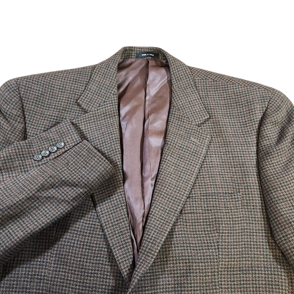 Izod Men’s 44R Blazer 100% Wool Herringbone Brown Houndstooth Plaid Sport Coat